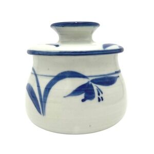 Didi Signed Studio Pottery French 5" Butter Bell Crock Blue White Stoneware